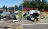 Accident rutier extrem de violent. Explozia unei anvelope l-a făcut pe șofer să intre într-un cap de pod. Autoturismul s-a răsturnat -FOTO