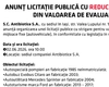 Anunț licitație publică cu reducere de 20% din valoarea de evaluare