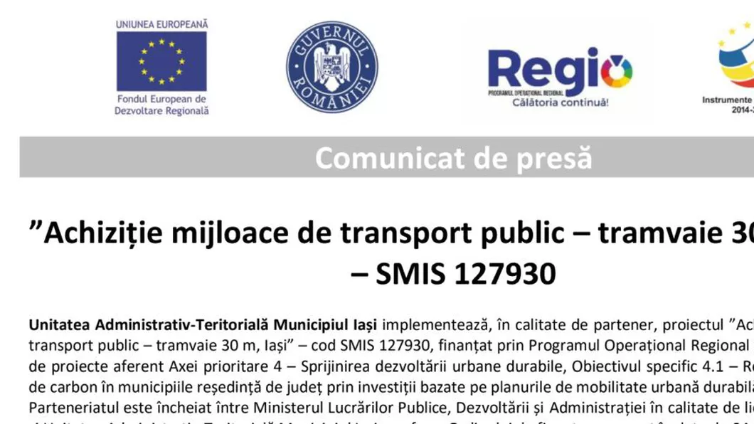 Achiziție mijloace de transport public  tramvaie 30 m Iași  SMIS 127930