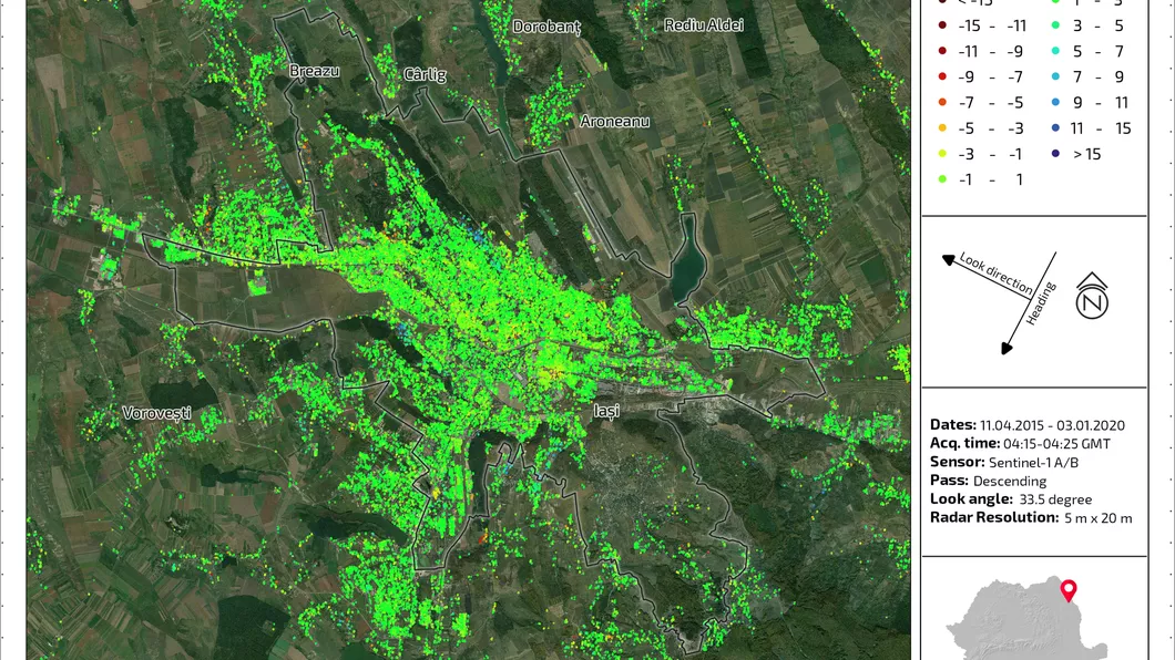 Zonele din Iași care o iau la vale. Deplasarea terenului observată din satelit de o companie românească - HARTĂ