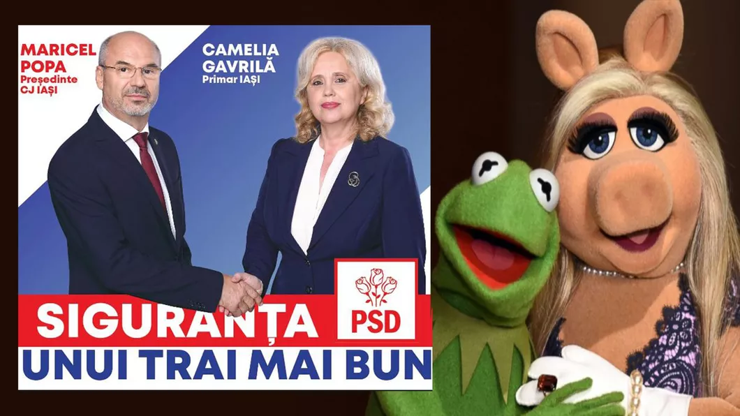 Ieșenii îi ironizează pe politicieni Maricel Popa și Camelia Gavrilă alias Broscoiul Kermit și Miss Piggy joacă într-o piesă extrem de proastă - The Muppets Show la PSD