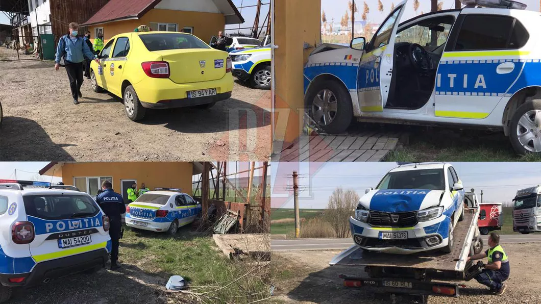 O mașină de poliție a ajuns într-o hală ridicată ilegal pe drumul european după ce a evitat un taxi care voia să întoarcă. Se putea petrece o tragedie