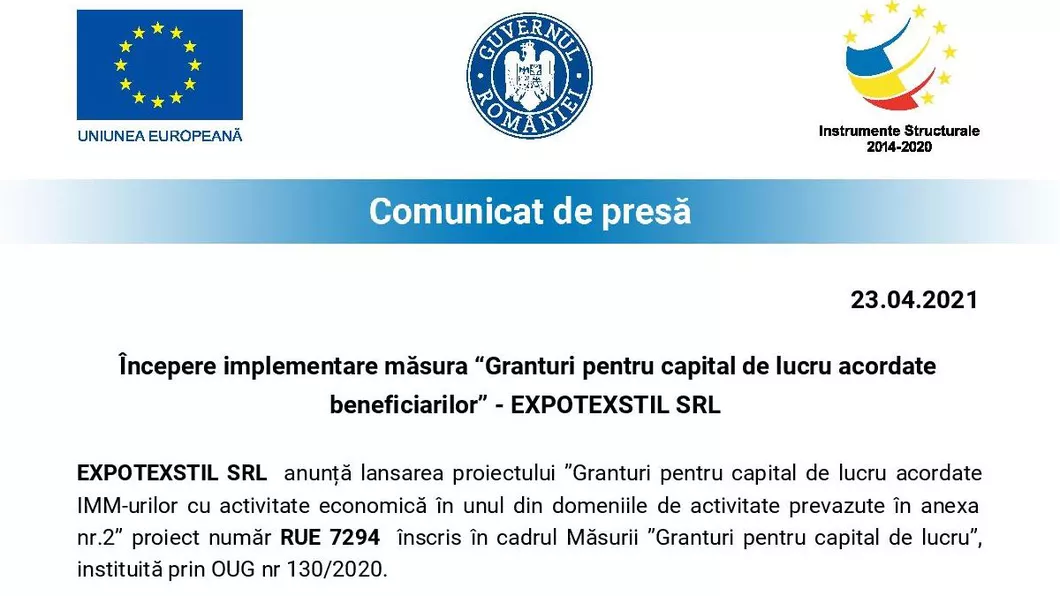 Începere implementare măsura Granturi pentru capital de lucru acordate beneficiarilor - EXPOTEXSTIL SRL