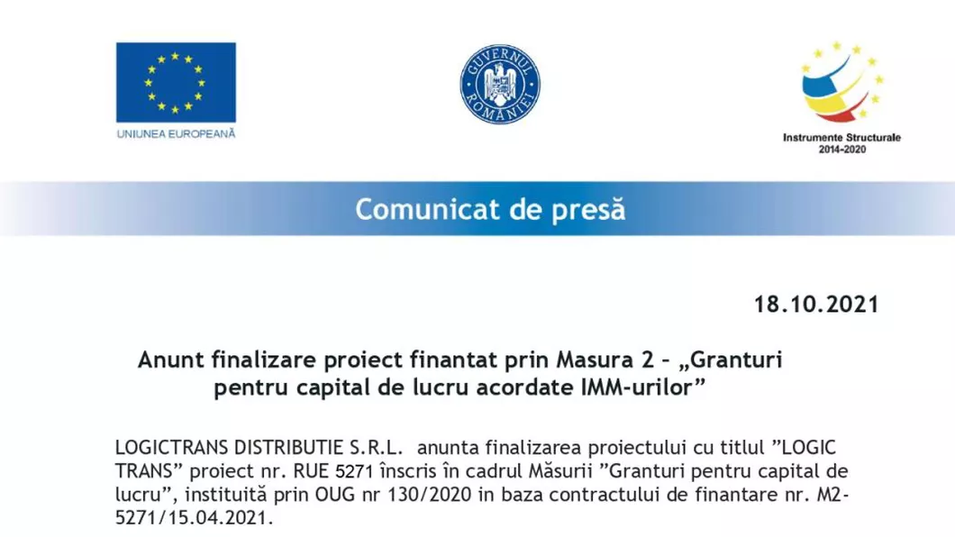 Anunt finalizare proiect finantat prin Masura 2  Granturi pentru capital de lucru acordate IMM-urilor