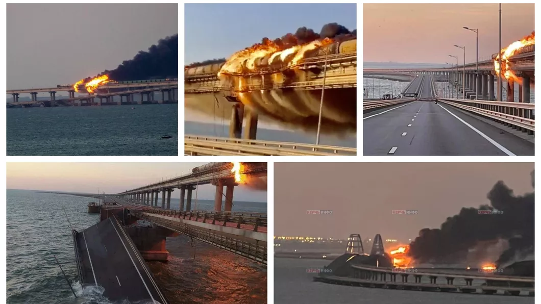 Explozie și incendiu masiv pe podul Kerci care leagă Crimeea de Rusia. Ce scrie presa rusă că s-a întâmplat  VIDEO UPDATE