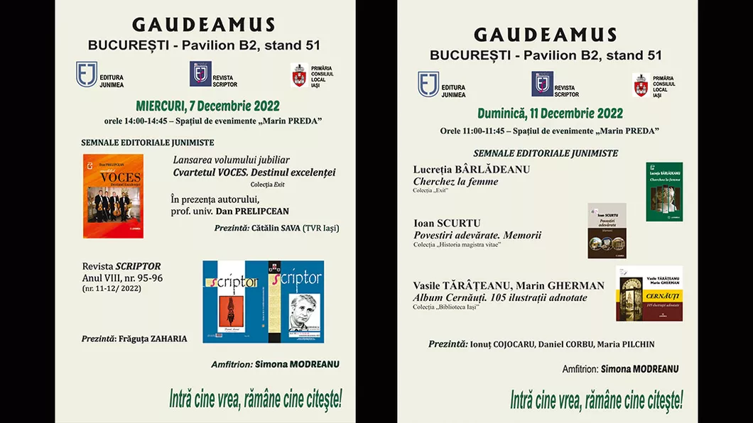 Editura Junimea și Revista Ccriptor vor participa la ediția a XXIX-a a Târgului de Carte Gaudeamus București