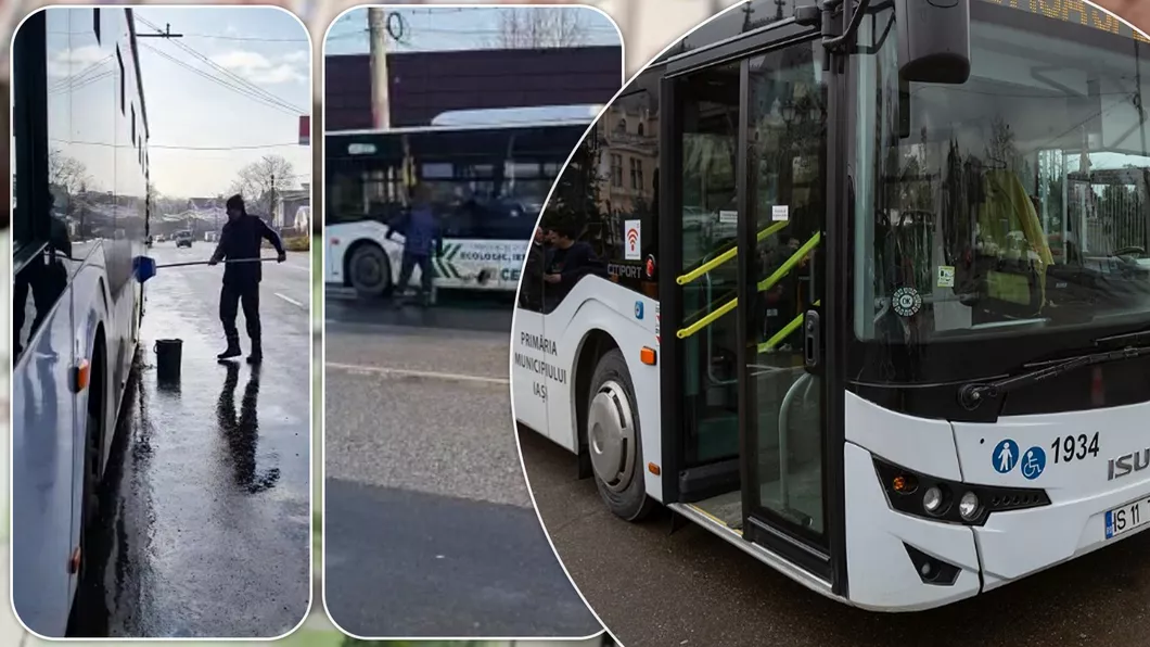 Autobuzele CTP sunt spălate în bătaie de joc în stradă cu o mătură și o găleată. Firma de curățenie încasează câte 500.000 de euro pe an  VIDEO
