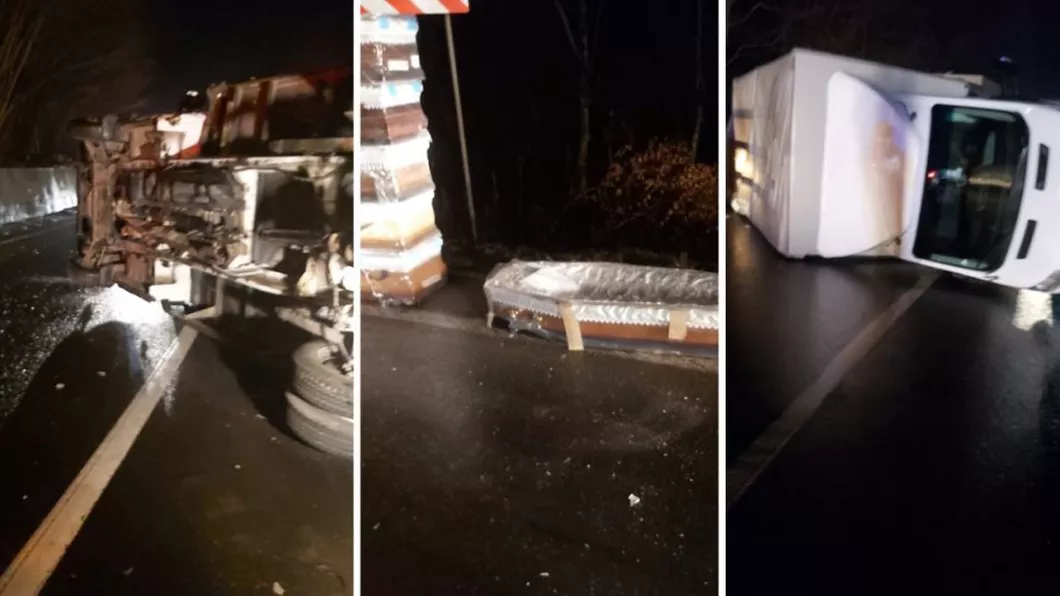 Mai multe coșciuge s-au împrăștiat pe DN 13 în Brașov după ce un camion s-a răsturnat