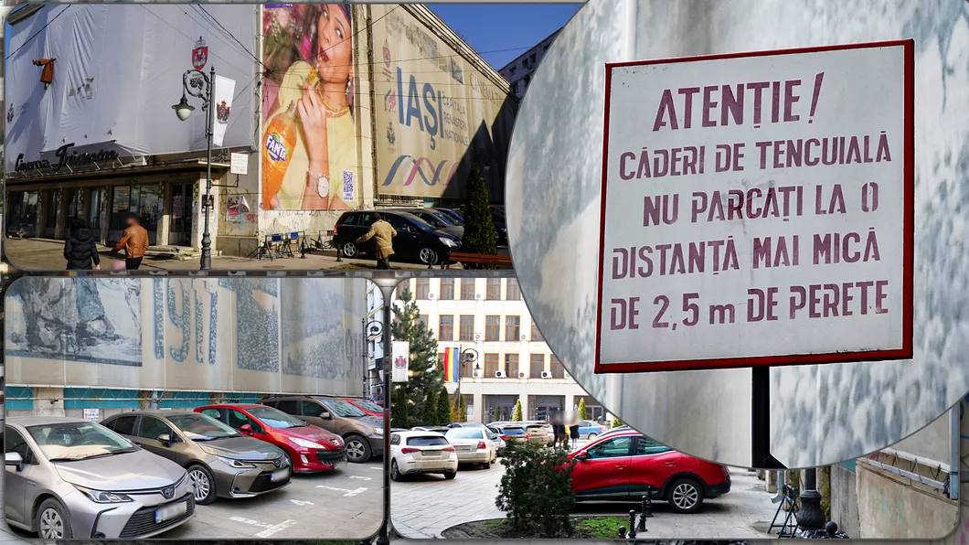 Primăria Iași închiriază locuri de parcare lângă o clădire din centrul Iașului care stă să cadă. ATENȚIE Căderi de tencuială. Nu parcați la o distanță mai mică de 25 m de perete - FOTO
