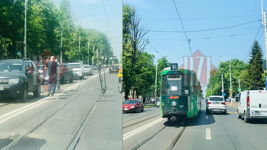 Un nou incident în traficul din Iaşi. Pantograful unui tramvai a căzut şi a atins un autoturism - FOTO