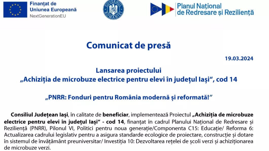 Comunicat de presa Lansarea proiectului Achizitia de microbuze electrice pentru elevi in judetul Iasi cod 14 PNRR Fonduri pentru Romania moderna si reformata