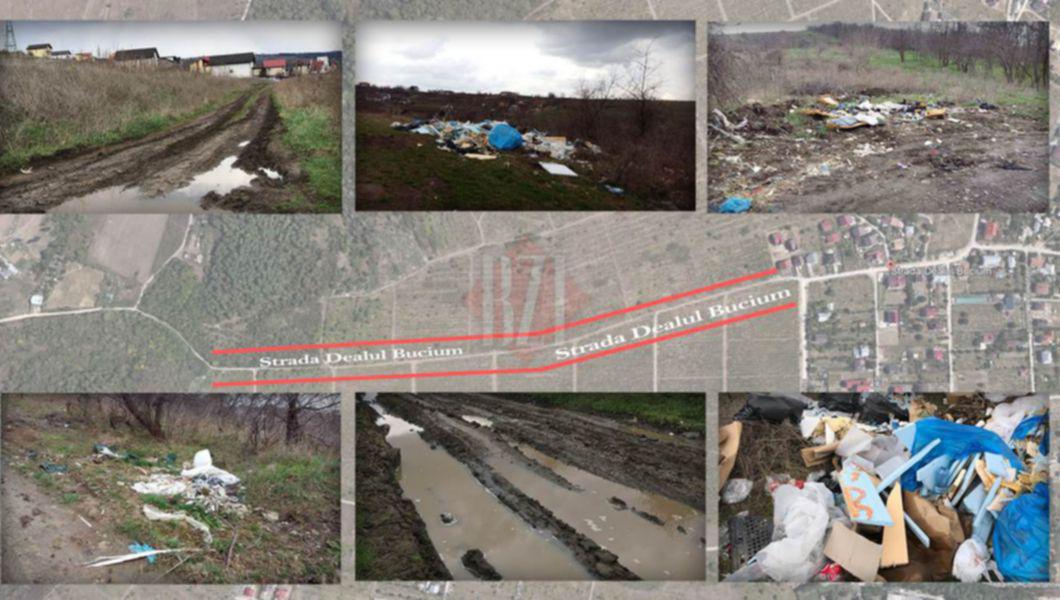 Imagini cu noroi și deșeuri abandonate pe strada Dealul Bucium din municipiul Iași