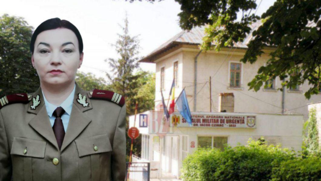 O femeie îmbrăcată în uniformă militară și clădirea spitalului militar din Iași