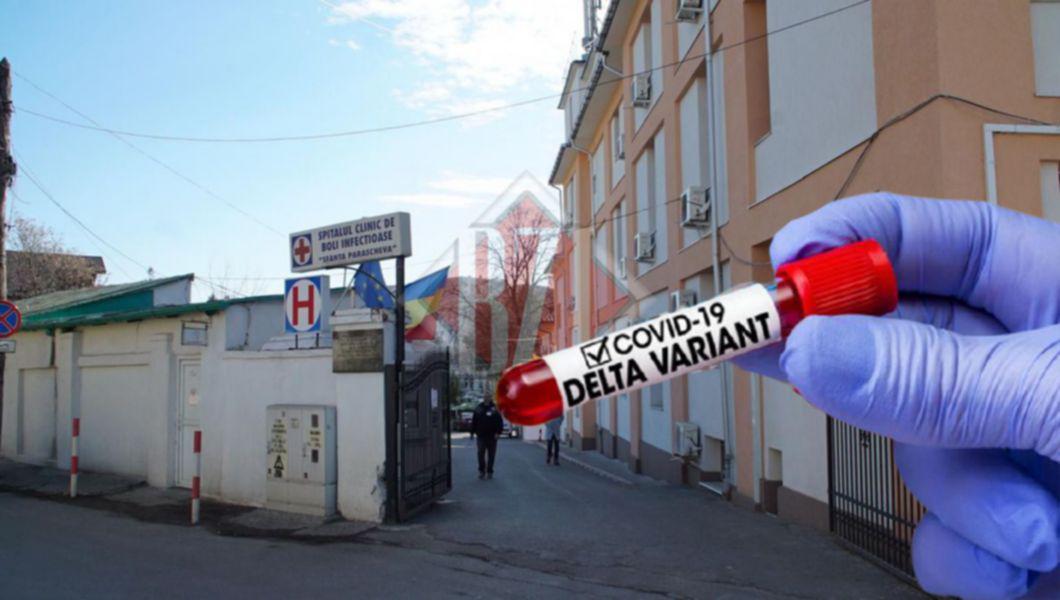 Clădirea Spitalului de Boli Infecțioase Iași și o eprubetă cu sânge pe care scrie varianta Delta