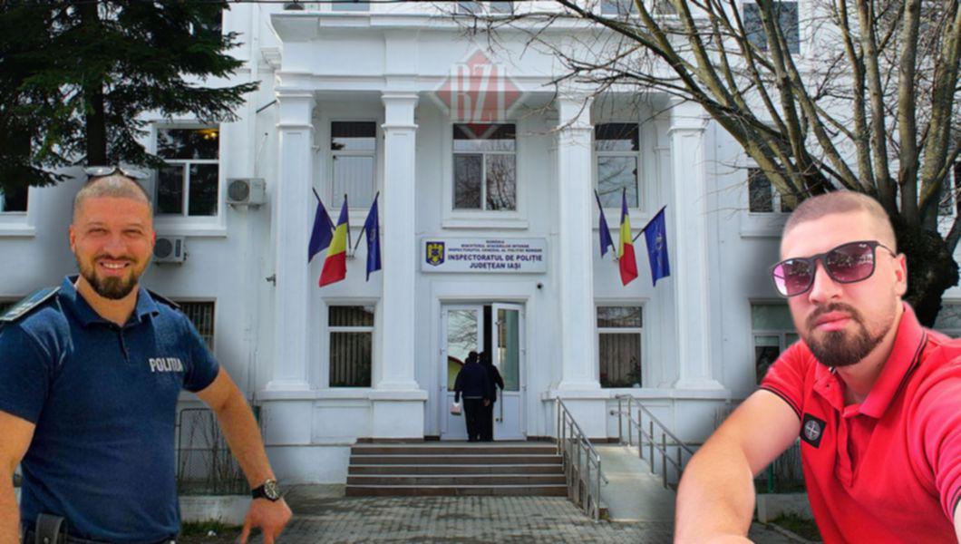 Agentul Silviu Curcă și sediul Inspectoratului de Poliție Județean Iași
