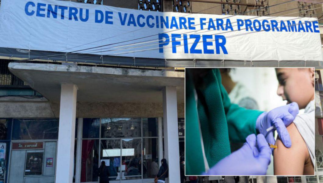 Intrarea în centrul de vaccinare de la Cinema ”Victoria” și un copil pe scaun când se vaccinează