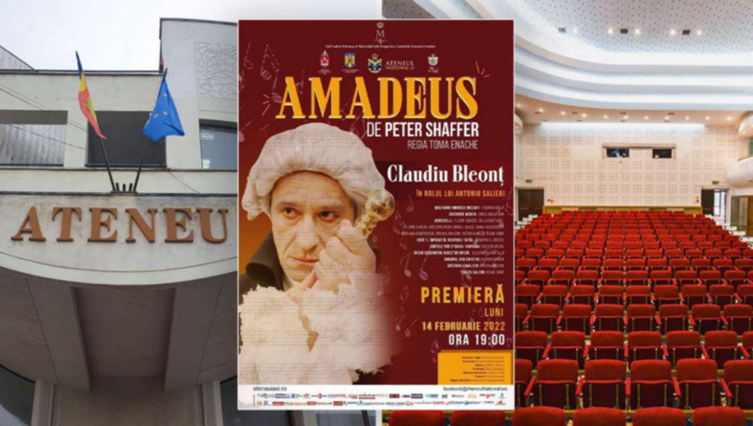 Secvență din piesa ”Amadeus”, autor Peter Shaffer, actorul Claudiu Bleonț, Sala Mare ”Radu Beligan” - Ateneul Național din Iași și clădirea Ateneului Național din Iași