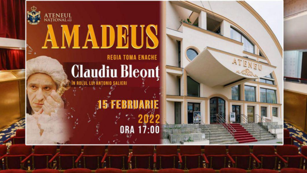 Secvență din piesa ”Amadeus”, autor Peter Shaffer, actorul Claudiu Bleonț, Sala Mare ”Radu Beligan” - Ateneul Național din Iași și clădirea instituției de artă