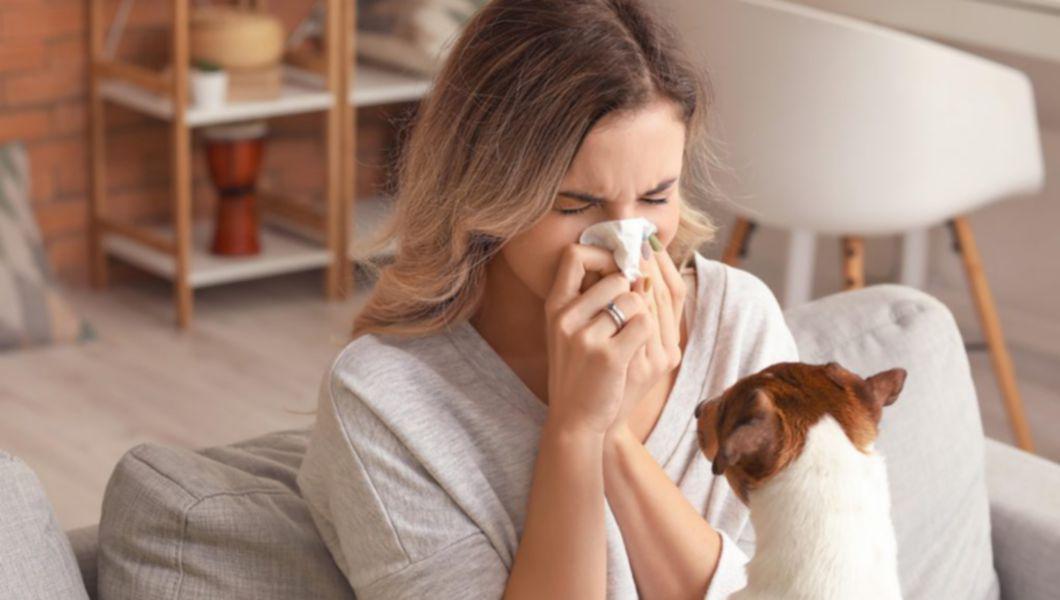 femeie care tine un servetel la nas din cauza alergiei la animale