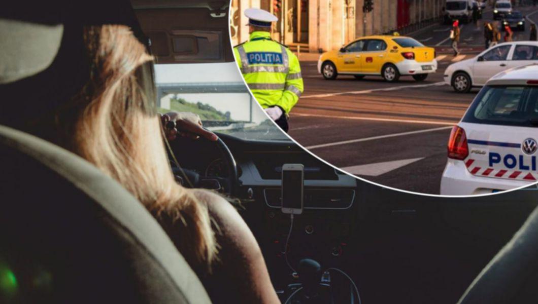 O tânără la volanul unui autoturism și un echipaj al Poliției Rutiere, în control, pe o stradă