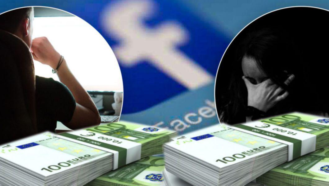 Un bărbat în fața unei pagini de Facebook, o minoră care plânge și multe banknote euro pe o masă