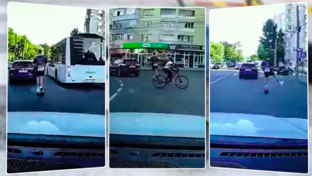masini, o trotineta si o bicicleta in trafic Un biciclist nu s-ar fi asigurat înainte să traverseze intersecția