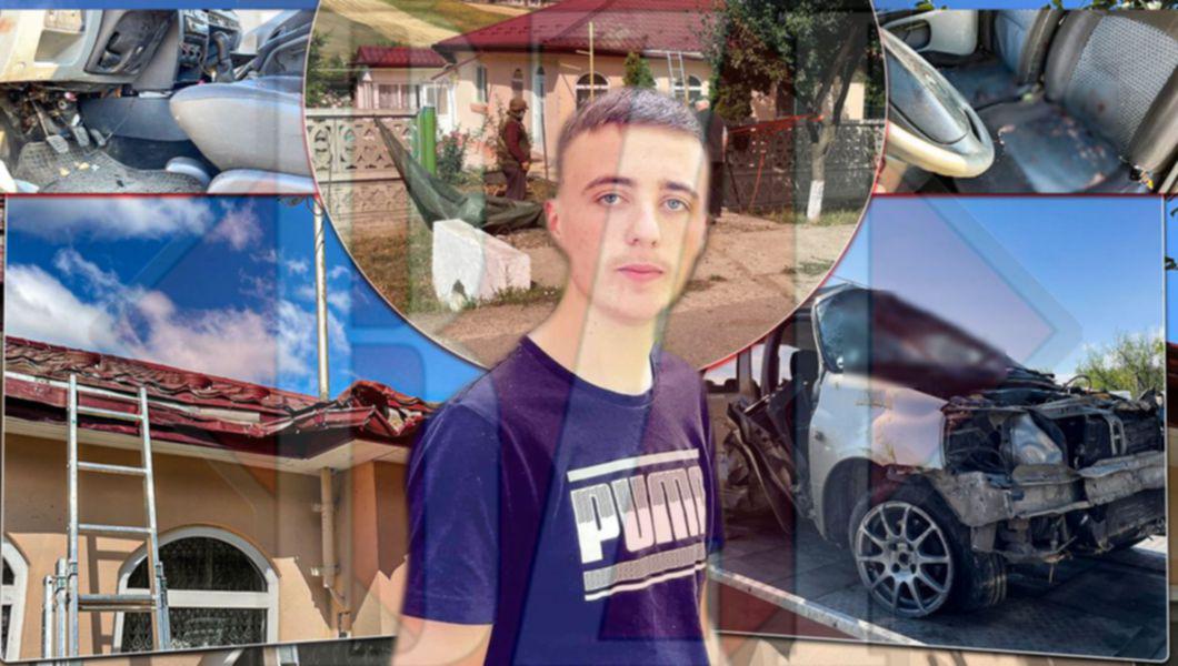 Sebastian Maxim și mașina distrusă în urma accidentului de la Tomești