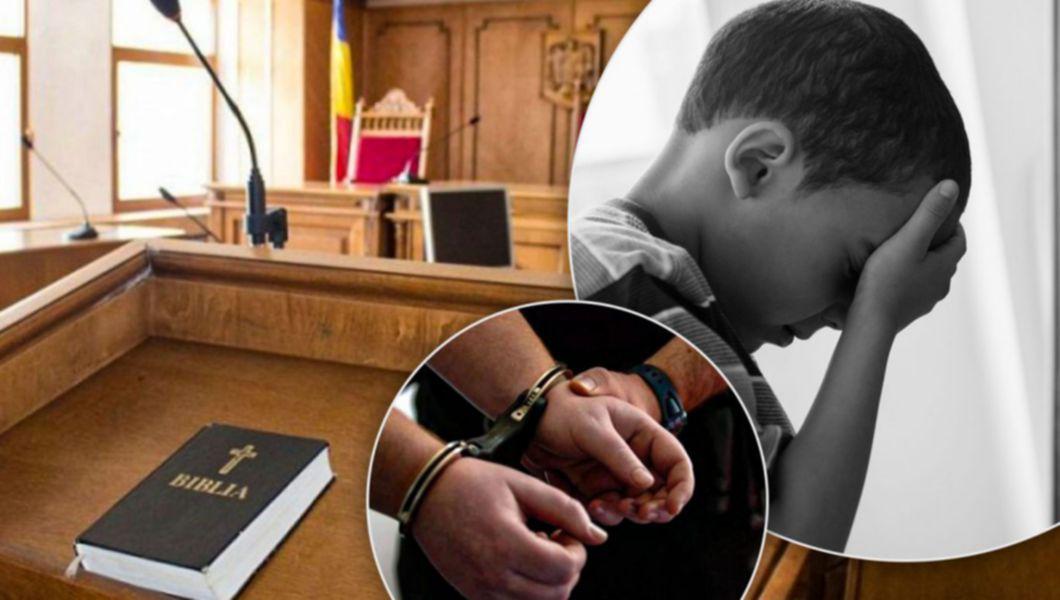 Un copil care plânge, un individ cu mâinile încătuşate la spate şi o sală de judecată