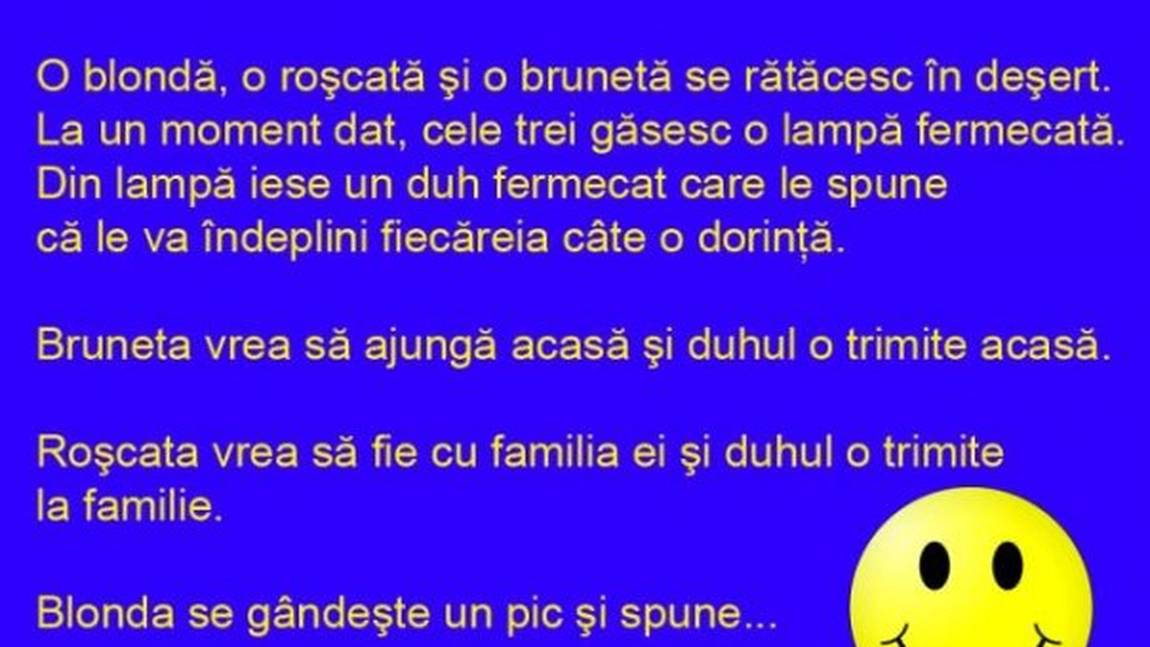 BANC: O blonda, o roscata si o bruneta se ratacesc in desert. La un moment dat, cele trei gasesc o lampa fermecata. Finalul este GENIAL