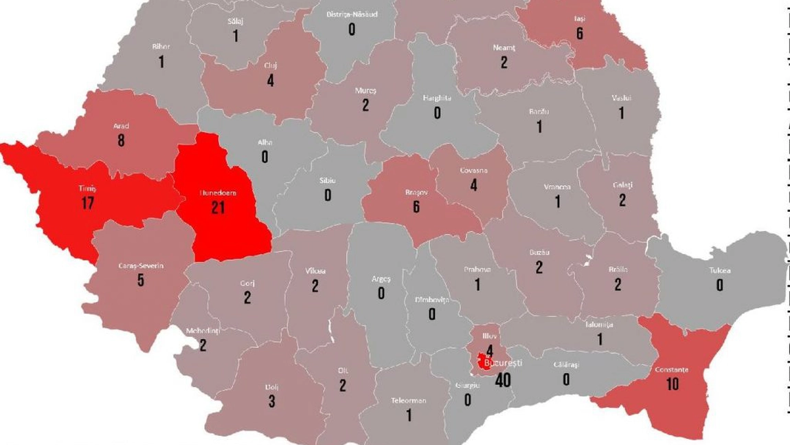 Harta cazurilor confirmate cu coronavirus în România pe judeţe - FOTO