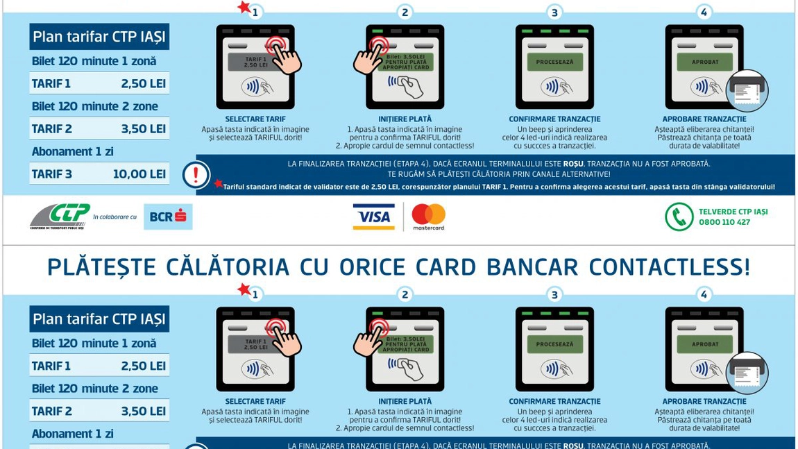 Biletele valabile pe două zone și abonamentele valabile o zi se pot plăti și cu cardul