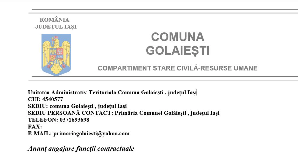 Concurs angajare. Comuna Golăiești , județul Iași
