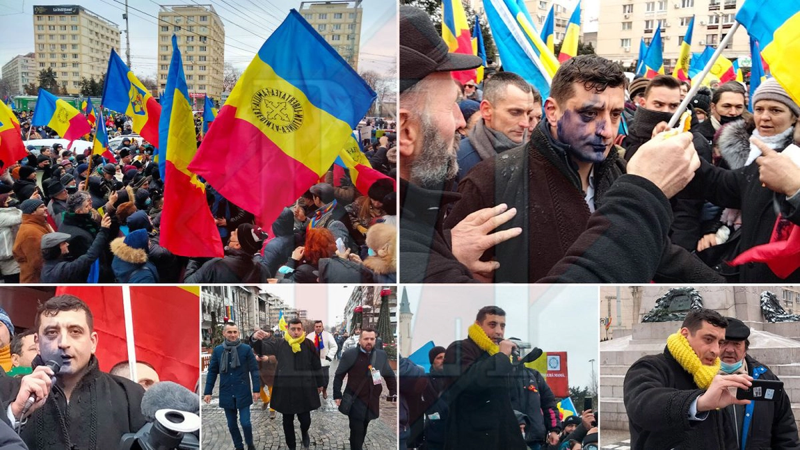 George Simion, liderul AUR, stropit cu cerneală la Iași. Filmul incidentului din Piața Unirii- GALERIE FOTO, VIDEO