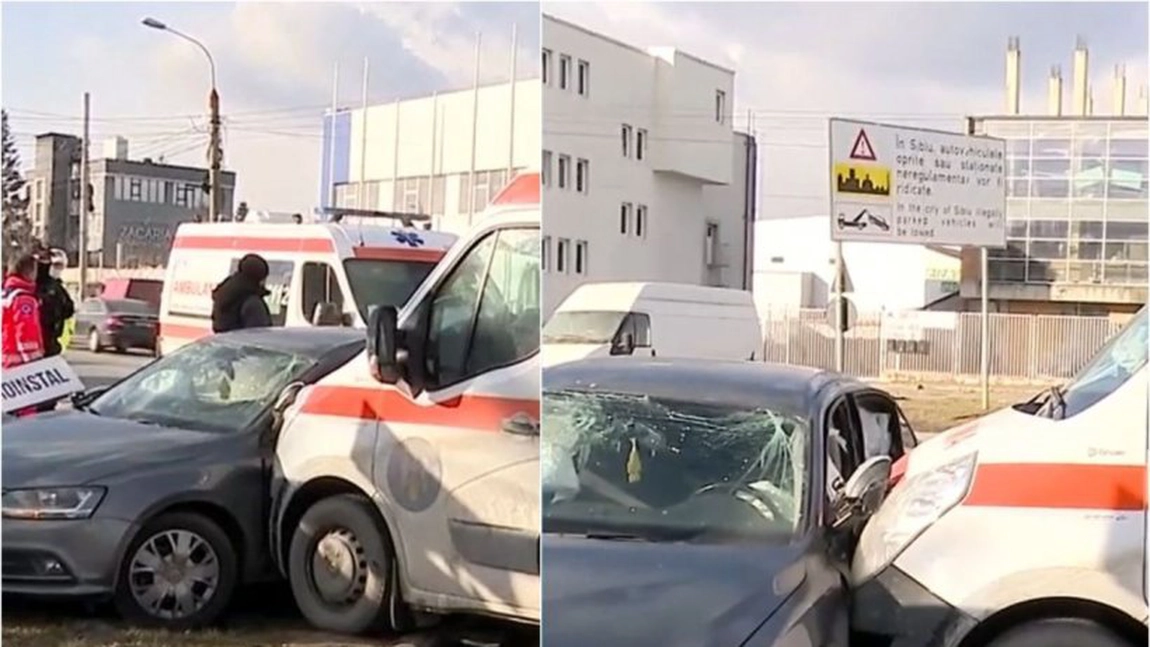 O ambulanţă a intrat pe contrasens şi s-a izbit de o maşină pe care a proiectat-o într-un stâlp, la Sibiu