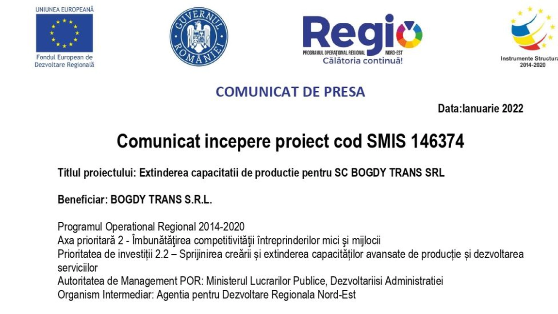 Comunicat incepere proiect cod SMIS 146374 - BOGDY TRANS S.R.L.