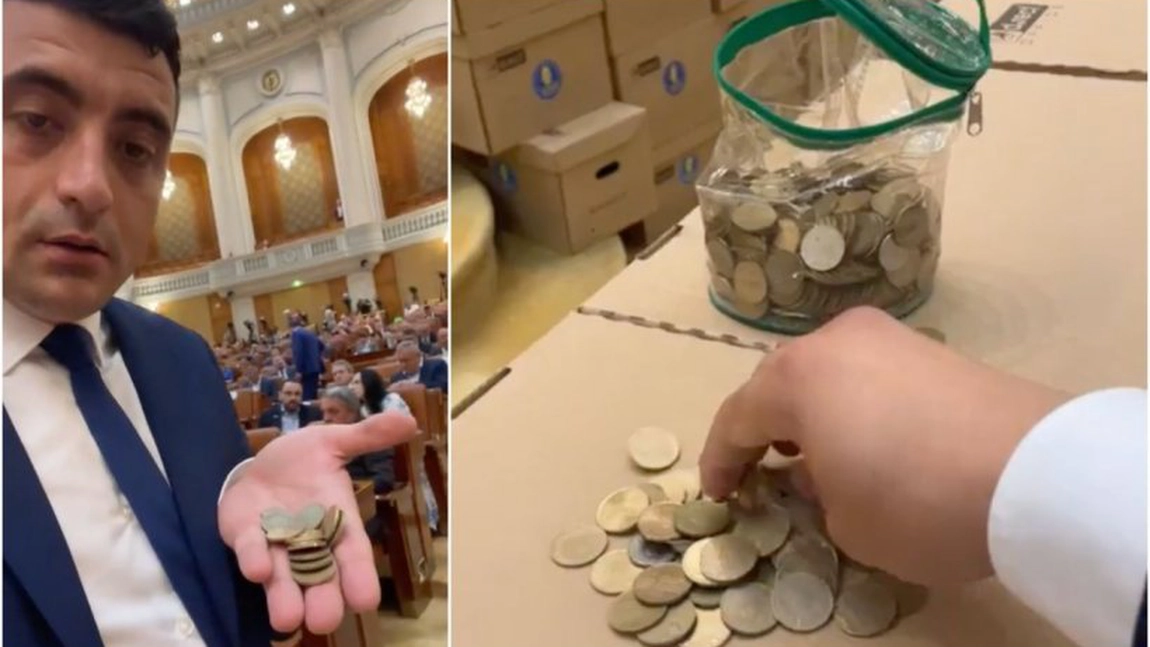 Un nou scandal în Parlament. George Simion a venit cu o pungă plină cu monede de 50 bani