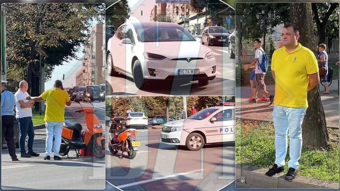 Omul de afaceri Florin Boca, vinovat de producerea accidentului din Târgu Cucu. Polițiștii spun că nu s-a încadrat corect pe banda de circulație. Tesla a „scăpat” doar zgâriată – FOTO/ VIDEO