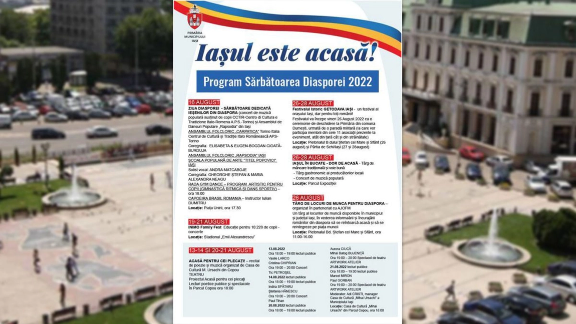 Primăria Iași a anunțat organizarea evenimentului „Sărbătoarea Diasporei – Iașul este ACASĂ”