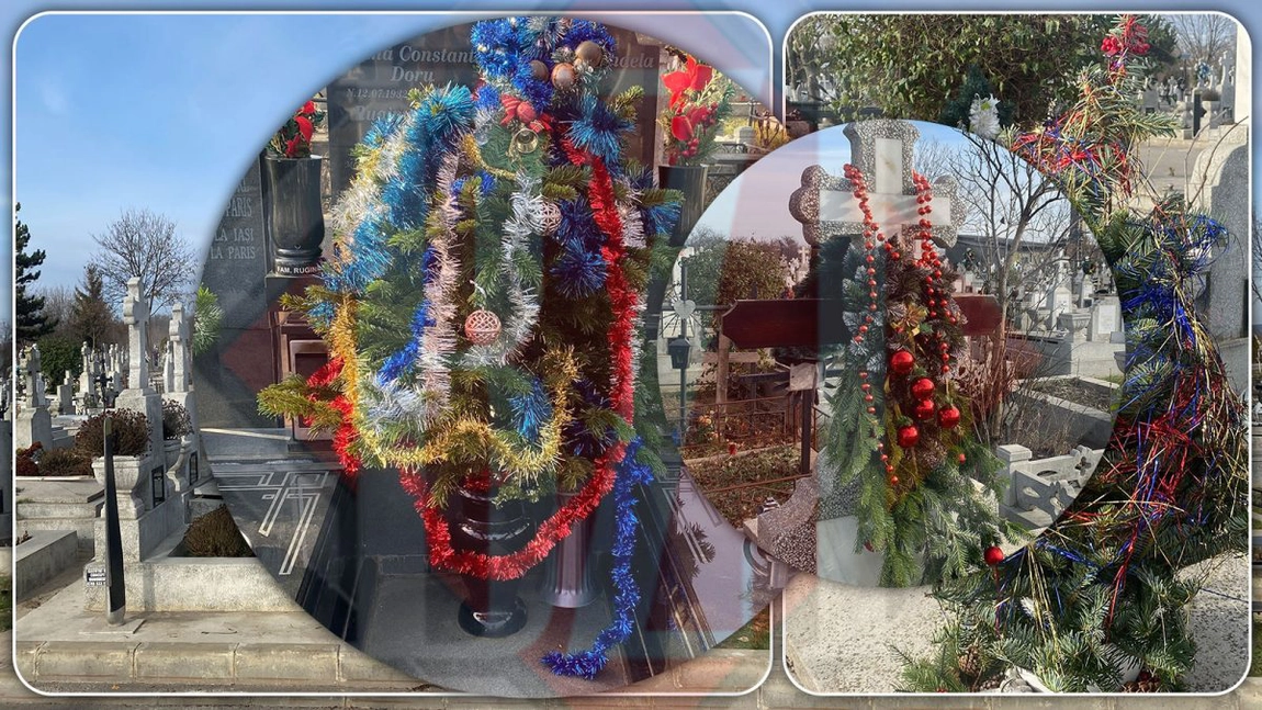 „Concurs” macabru în cimitirele din Iași! Mormintele au fost decorate înainte de sărbători. Brazii împodobiți cu globuri și ghirlande nu lipsesc – FOTO