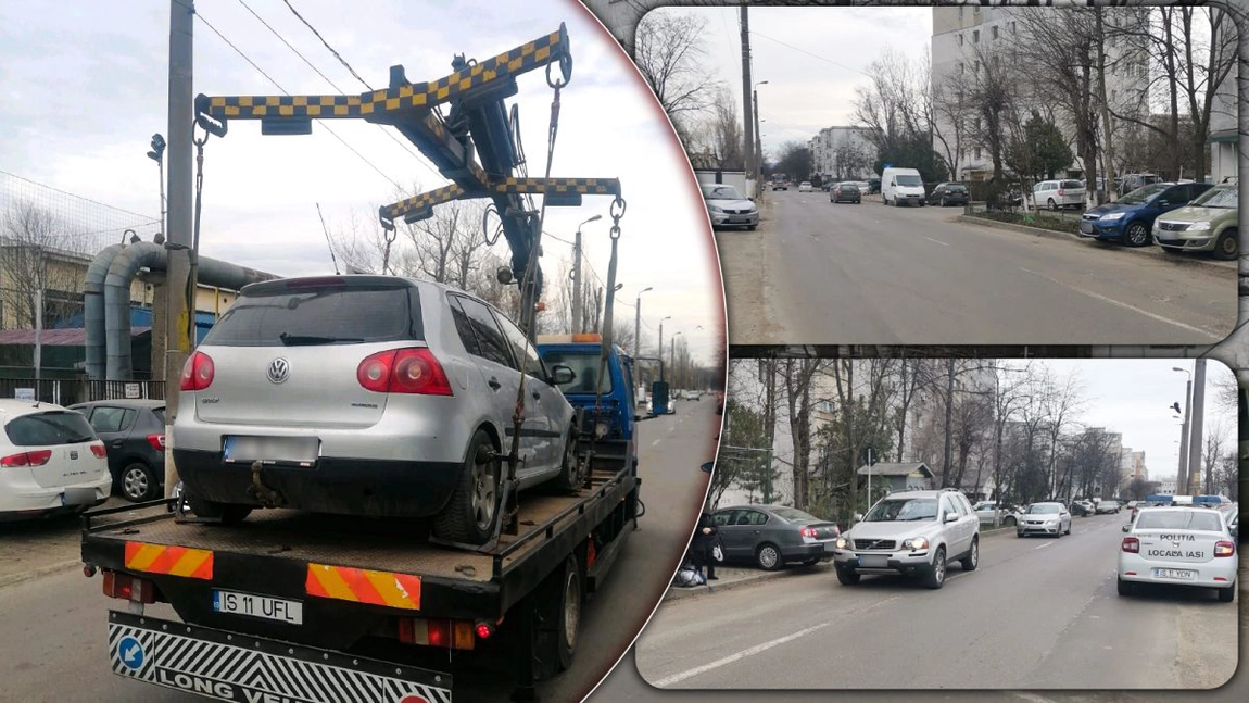 O stradă din Iași a devenit parcare pentru mașini. Mai multe autoturisme au fost ridicate de pe șoseaua Națională, lângă pasajul Octav Băncilă - FOTO