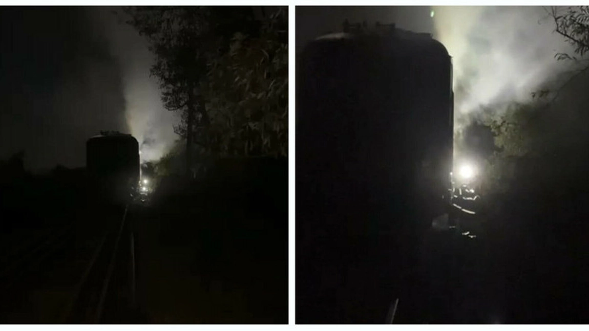 Incendiu în Satu Mare. Locomotiva cu 19 vagoane cu țiței, cuprinsă de flăcări - FOTO