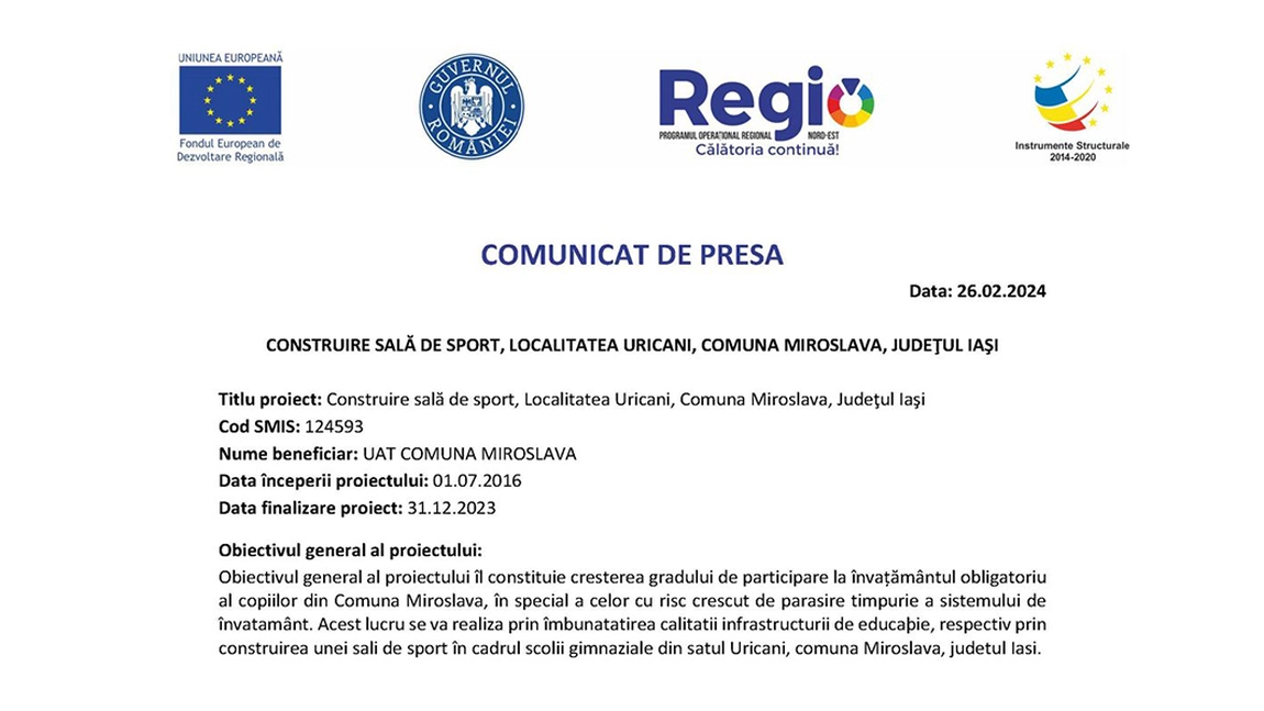 Construire sală de sport, Localitatea Uricani, Comuna Miroslava, Judeţul Iaşi