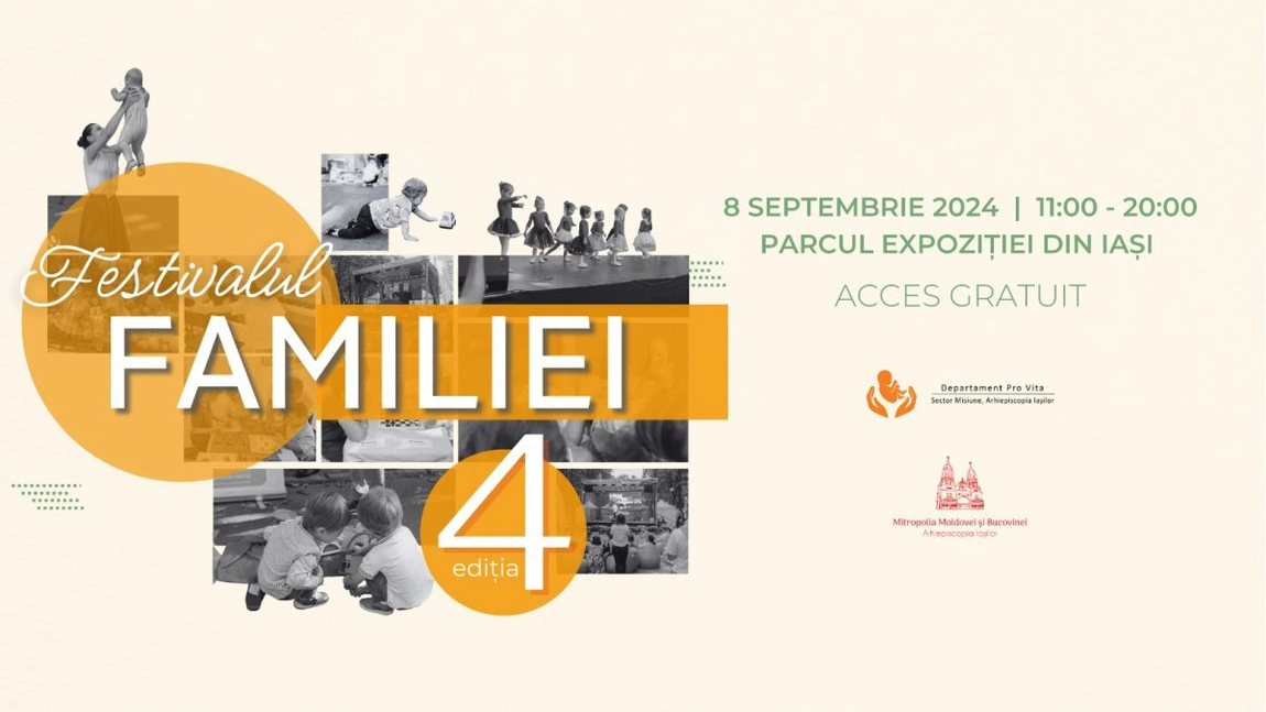 Festivalul Familiei organizat de Arhiepiscopia Iașilor se desfășoară duminică, 8 septembrie, în Parcul Expoziției din Iași. Iată programul detaliat