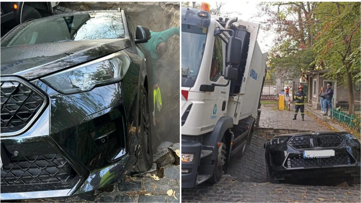 Surparea străzii din Sectorul 6, surprinsă de camere. Un copil cade într-o groapă cu tot cu maşina din care coboară - VIDEO