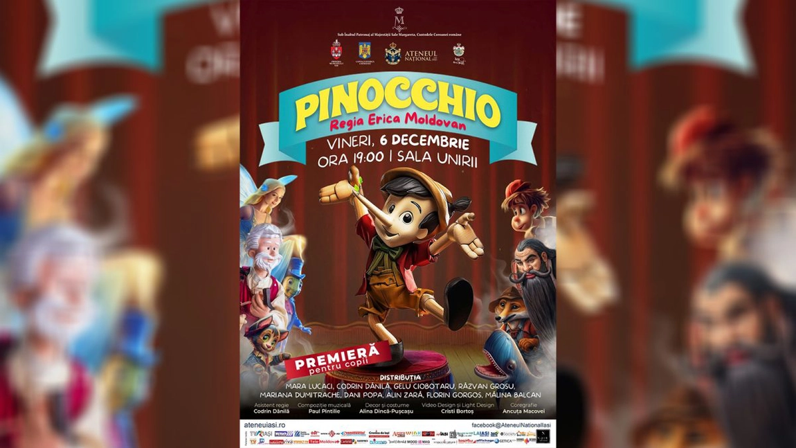 Premiera spectacolului „Pinocchio” pentru copii va avea loc la Ateneul Național Iași, în sala Unirii