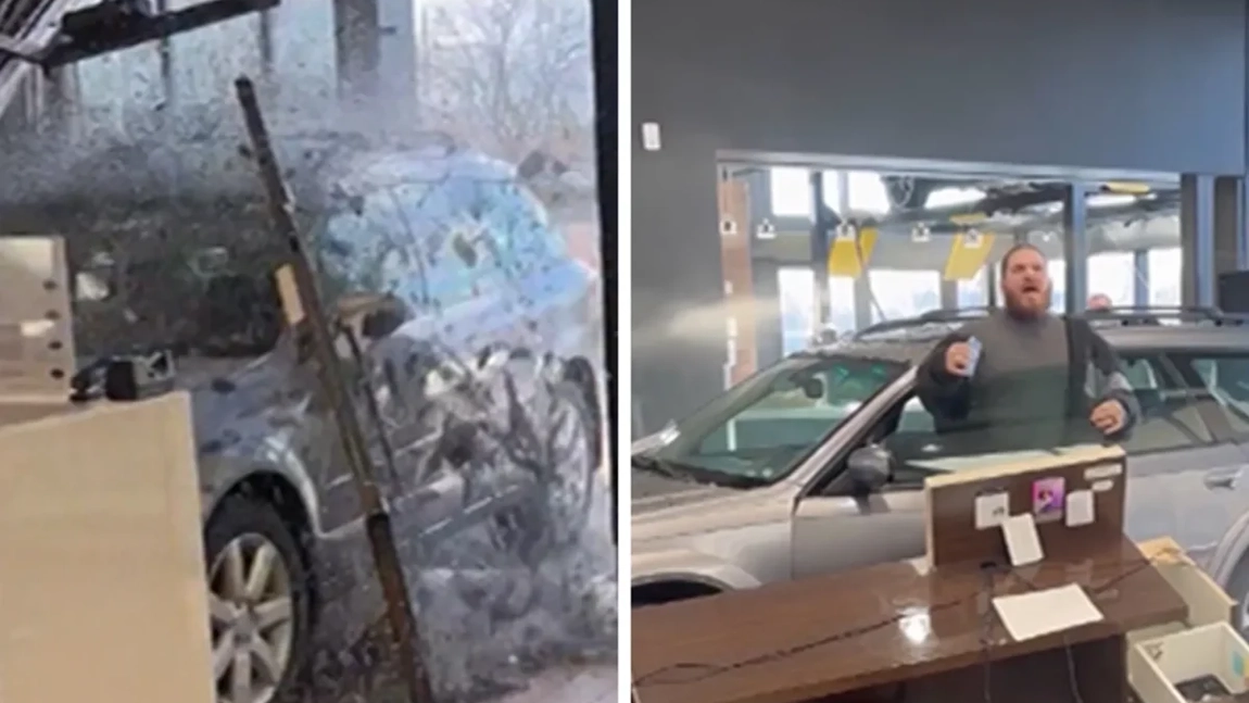 Un șofer furios a intrat cu mașina prin fereastra unei reprezentanțe auto. Ce l-a determinat să recurgă la acest gest exploziv