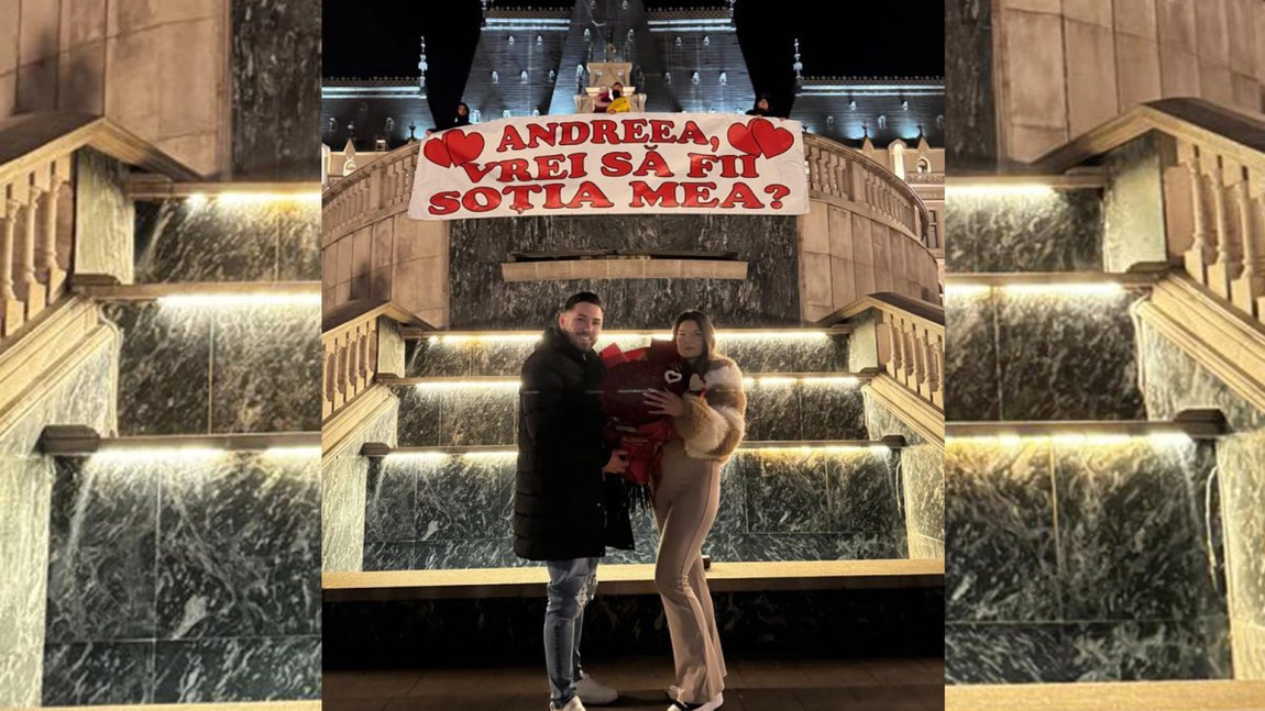 Cerere în căsătorie spectaculoasă la Palatul Culturii din Iași! Cosmin a surprins-o pe Andreea cu un banner uriaș