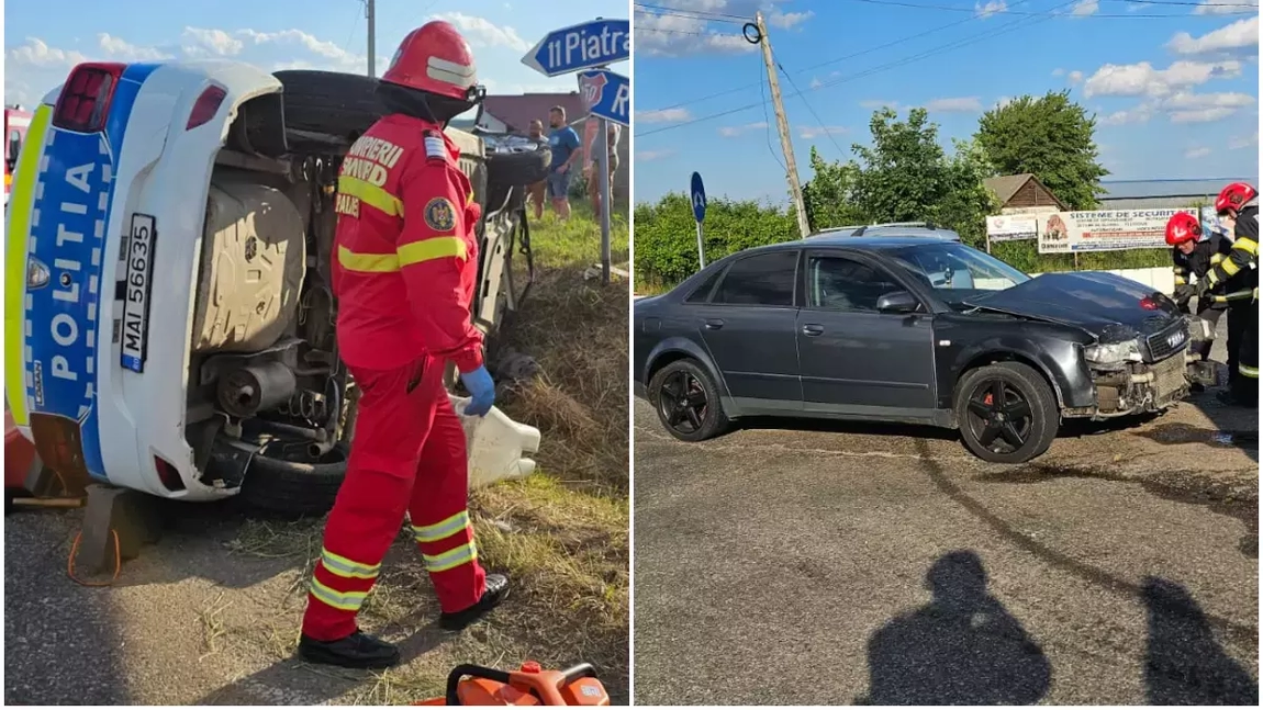 Mașină de poliție făcută praf! Doi ofițeri, scoși cu greu dintre fiare