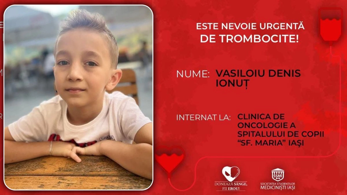 Denis Ionuț Vasiloiu, un băiețel în vârstă de 10 ani, suferă de un cancer rar și agresiv! Copilul are nevoie urgent de trombocite și de sprijin financiar