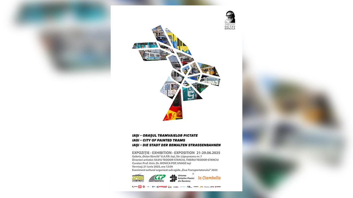Invitație expoziția „Iași - orașul tramvaielor pictate” semnată de designer Silviu Teodor-Stanciu, Vernisaj